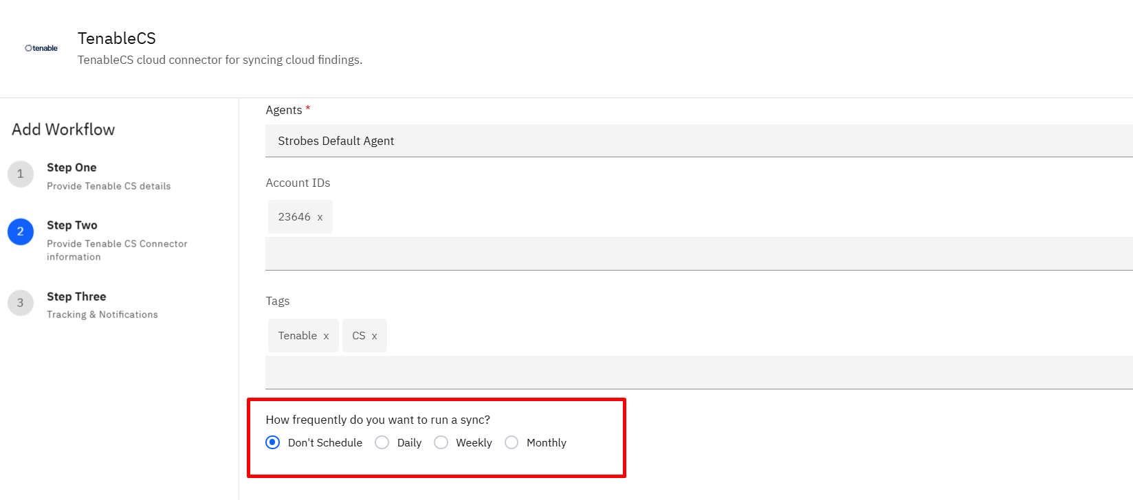 Connecting Tenable Cloud Security to Strobes: Step 13: Set Sync Frequency (screenshot 13)