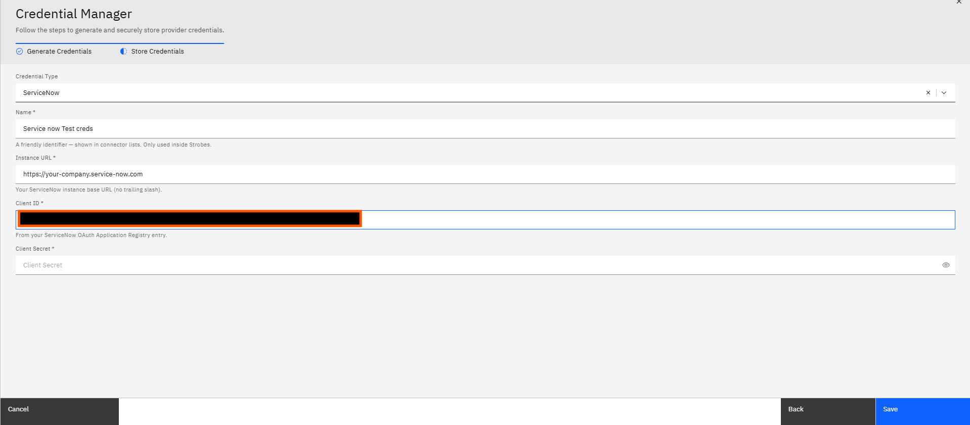 Configuring ServiceNow Credentials and Connector in Strobes: Step 11 — Click the Client ID Field and Enter Your Client ID (screenshot 12)