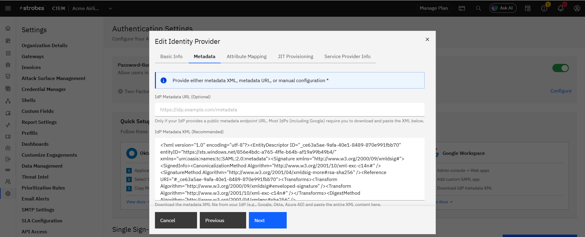 Configuring Google Workspace SSO (SAML): Step 3: Upload the Google Workspace Metadata File (screenshot 4)