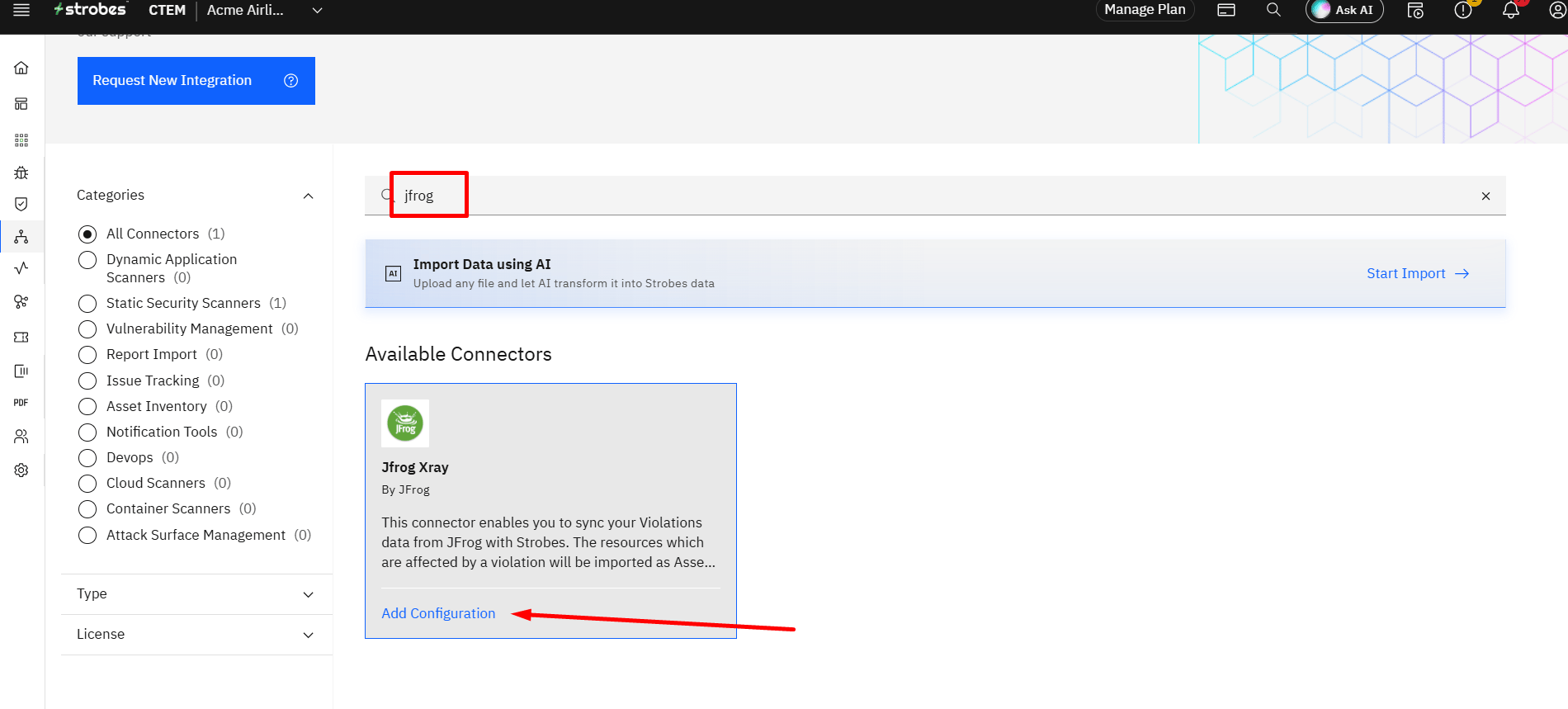 Connecting JFrog Xray (violations): Step 2: Search for the Connector (screenshot 2)