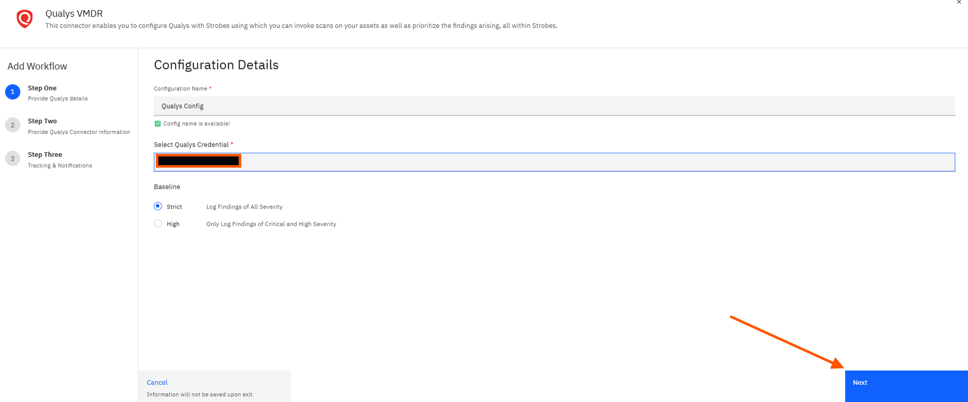 Configuring Qualys VMDR with Strobes: Step 14 — Click Next (screenshot 14)
