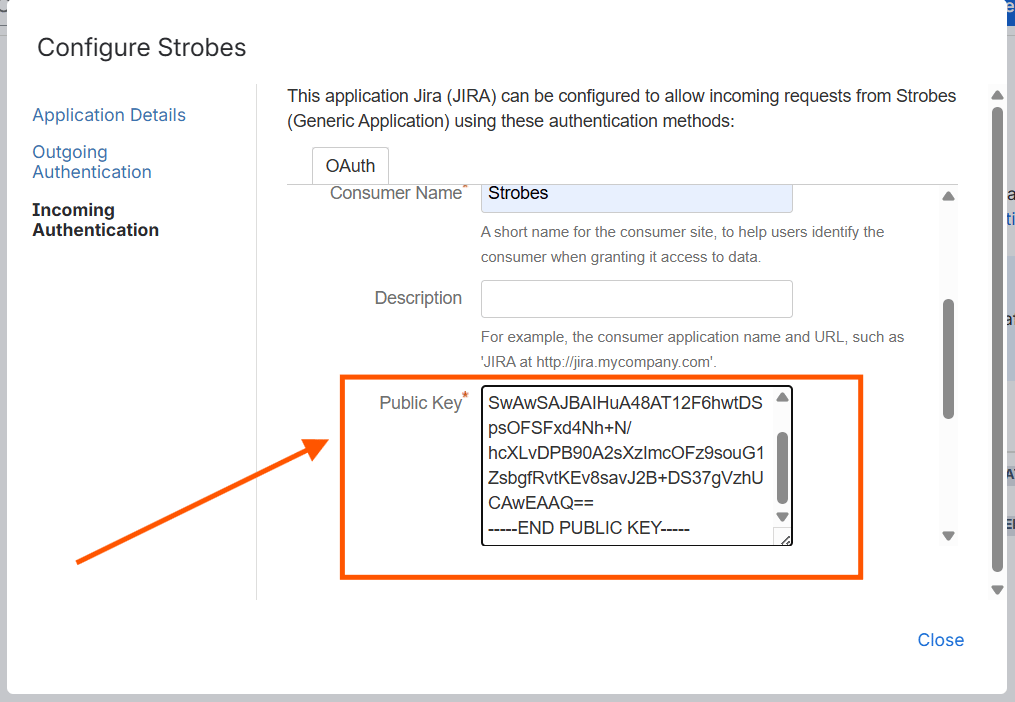 Configuring the Jira integration (OAuth 1.0): Step 12 — Paste the Public Key (screenshot 14)