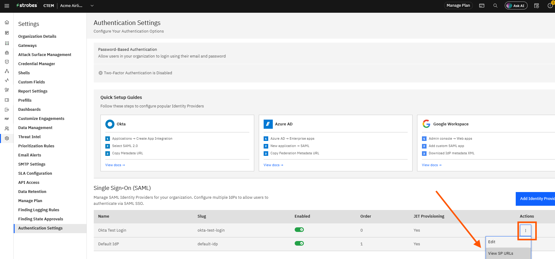 Configuring Okta SSO (SAML): Step 15 — Open the Three-Dot Menu and Click View SP URLs (screenshot 16)