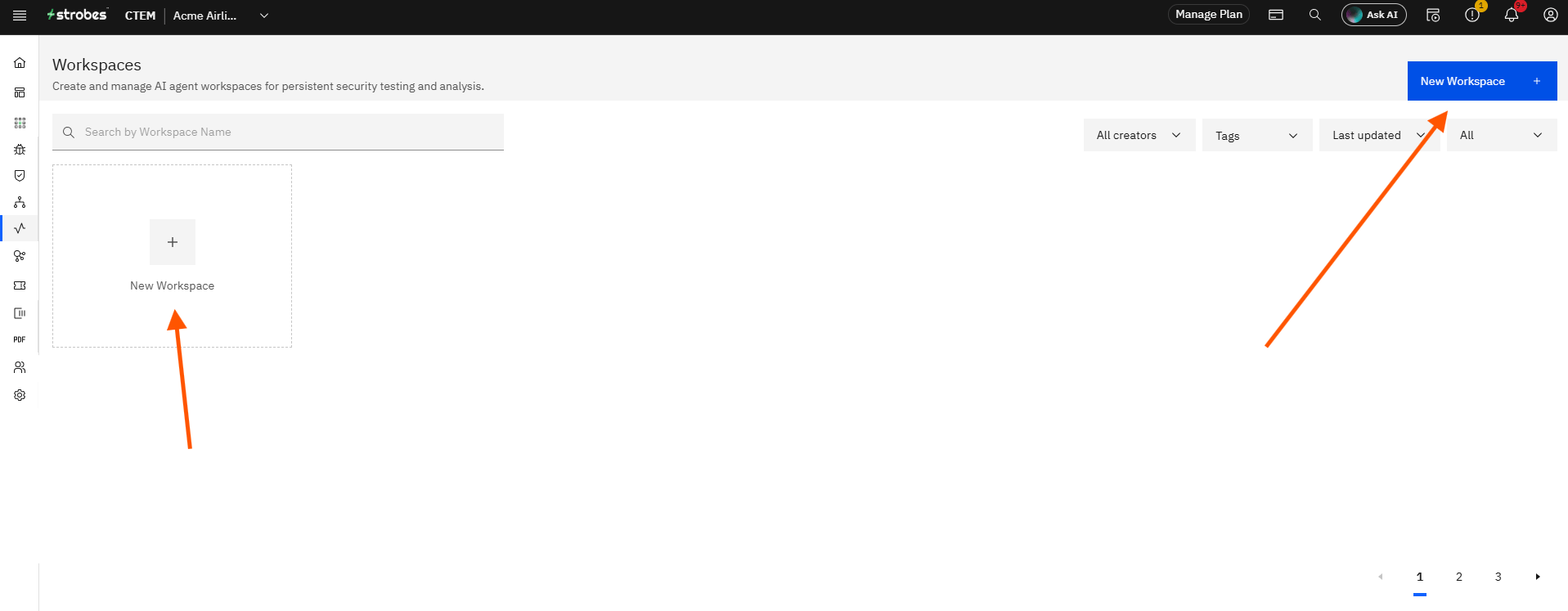 Creating a Red Team Engagement in Strobes: Step 2 — Click New Workspace (screenshot 2)