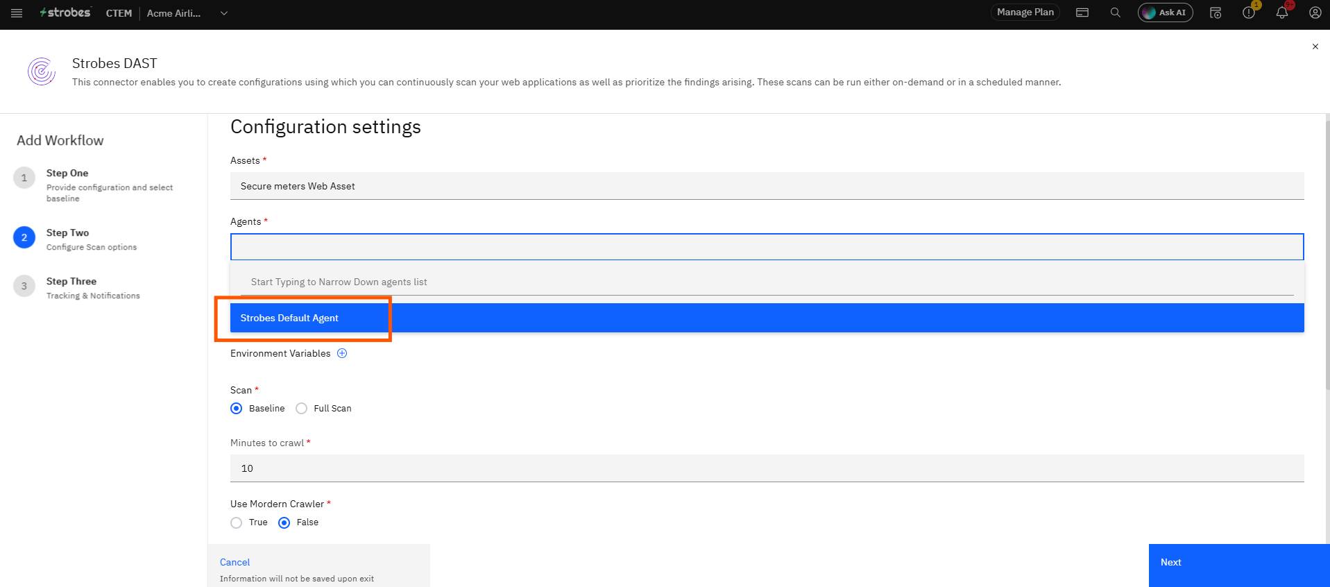 Configuring Strobes DAST: Step 9 — Select an Agent (screenshot 9)