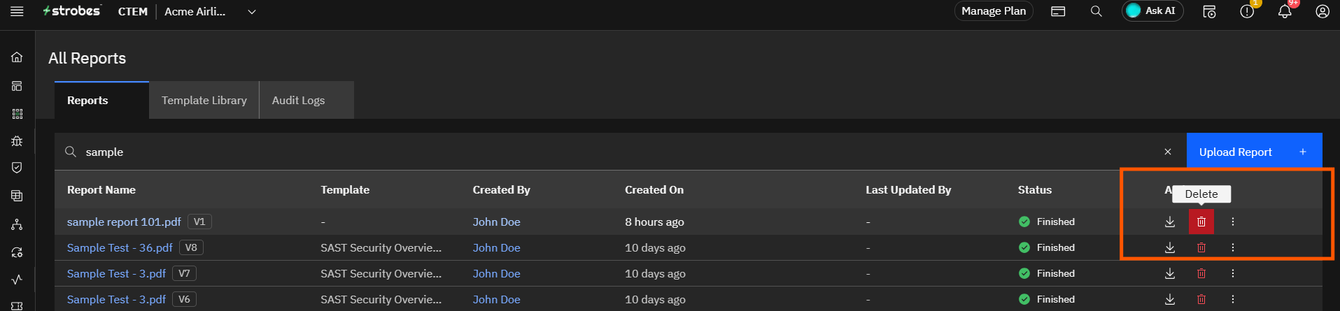 What's in the Reports Page?: Step 6 — Delete a Report (screenshot 6)