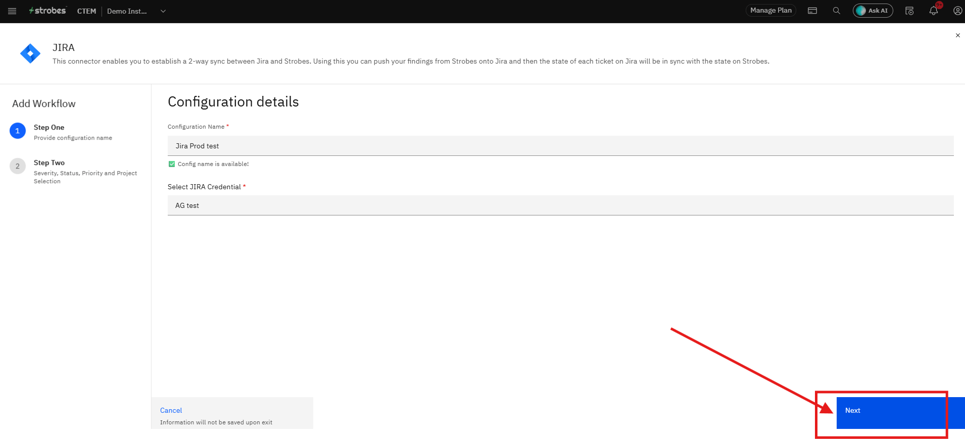 Configuring the Jira Integration in Strobes OAuth 2.0: Step 16 — Advance to Step Two (screenshot 15)