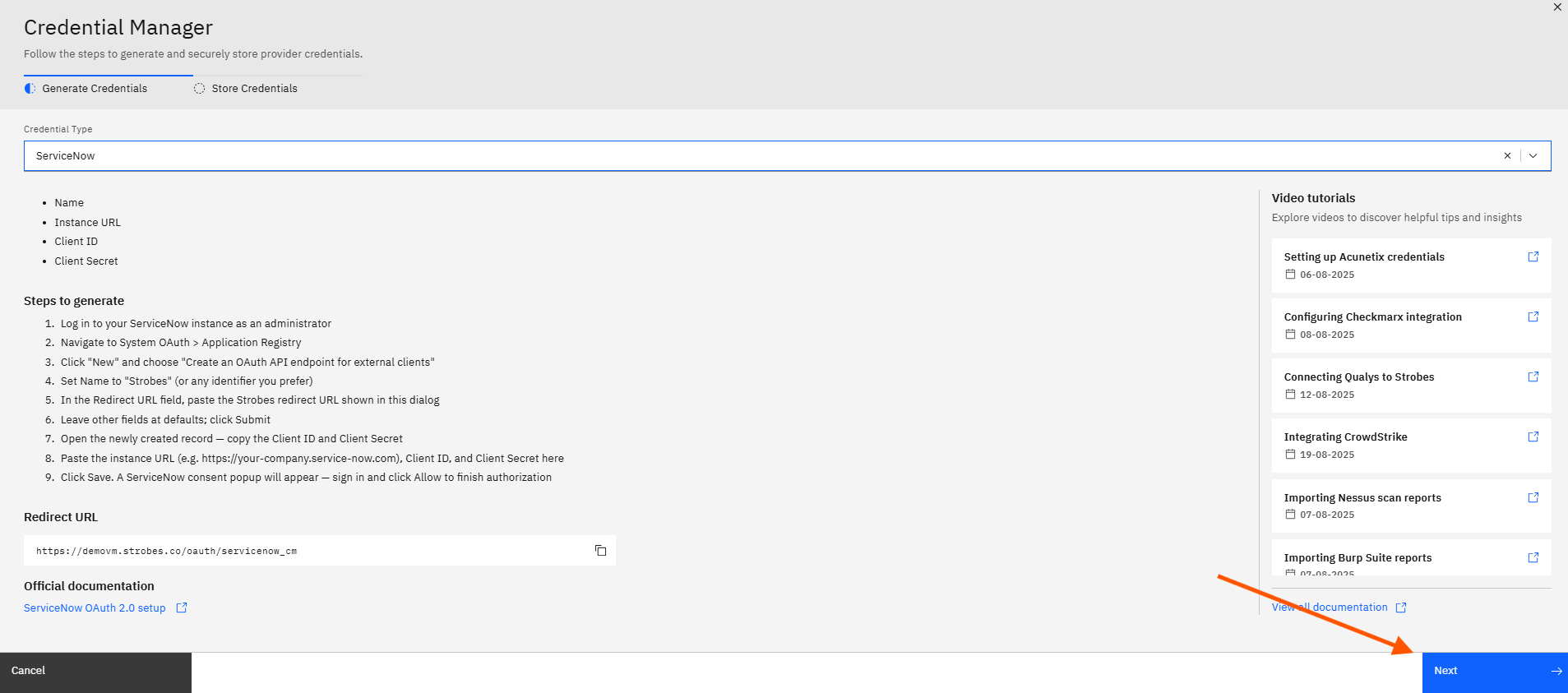 Configuring ServiceNow Credentials and Connector in Strobes: Step 8 — Click Next (screenshot 9)