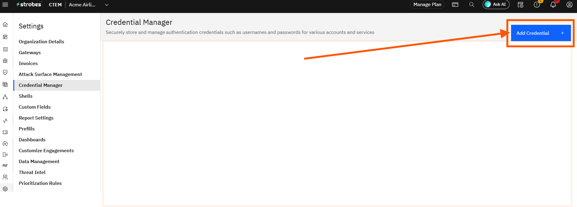 Configuring GitHub credentials: Step 1: Open Credential Manager in Strobes (screenshot 2)