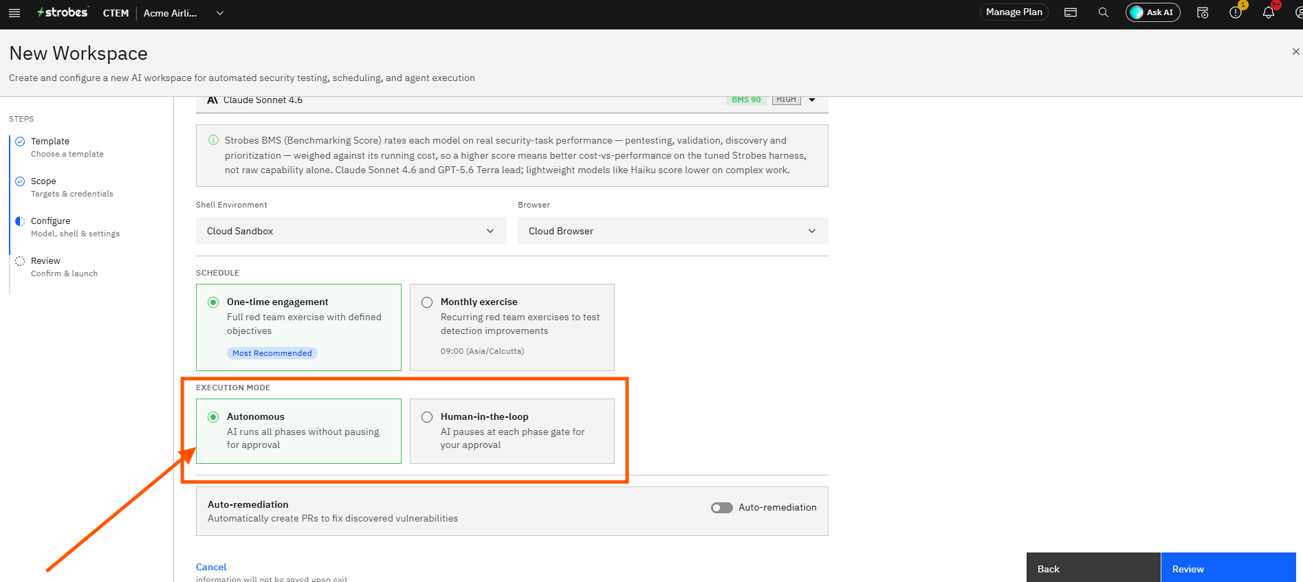 Creating a Red Team Engagement in Strobes: Step 15 — Select the Execution Mode (screenshot 15)