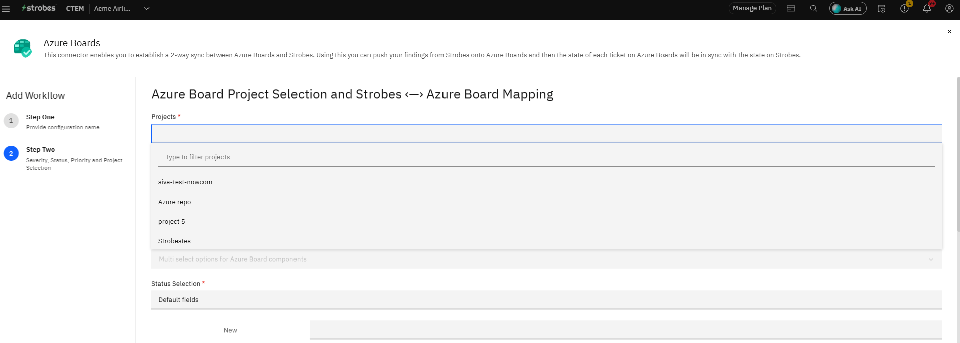 Configuring Azure Boards Integration with Strobes: Step 10 — Select an Azure Board Project (screenshot 13)