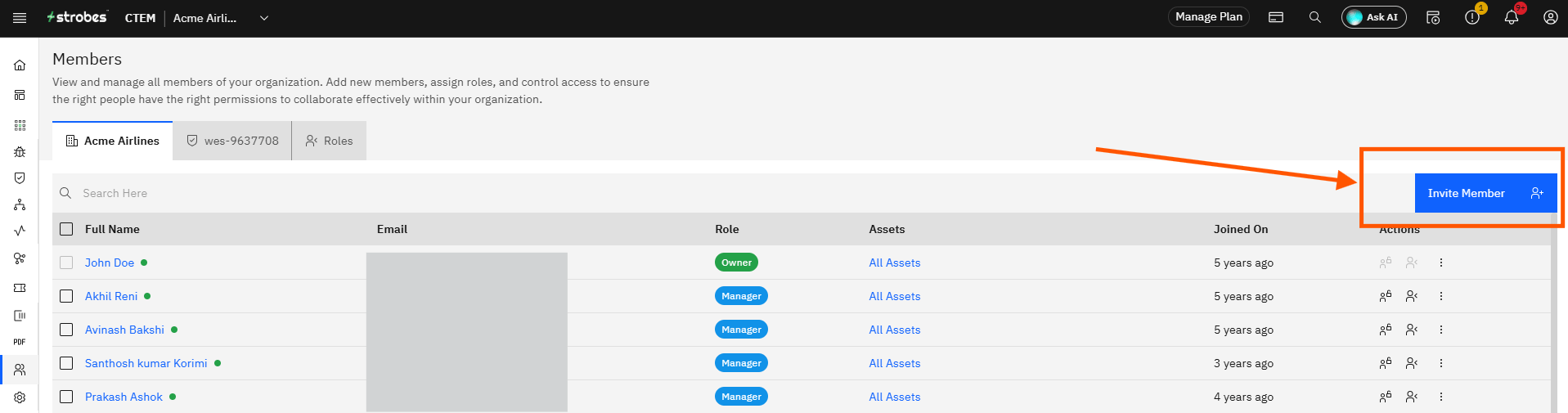 Invite Members and Manage Roles in Strobes: Step 3 — Click Invite Member (screenshot 3)