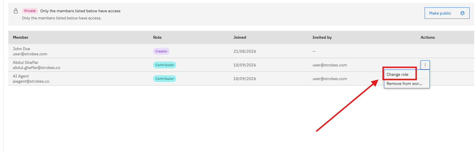 Managing AI Workspace Isolation and AI Member Access: Step 13 — Click Change Role (screenshot 14)