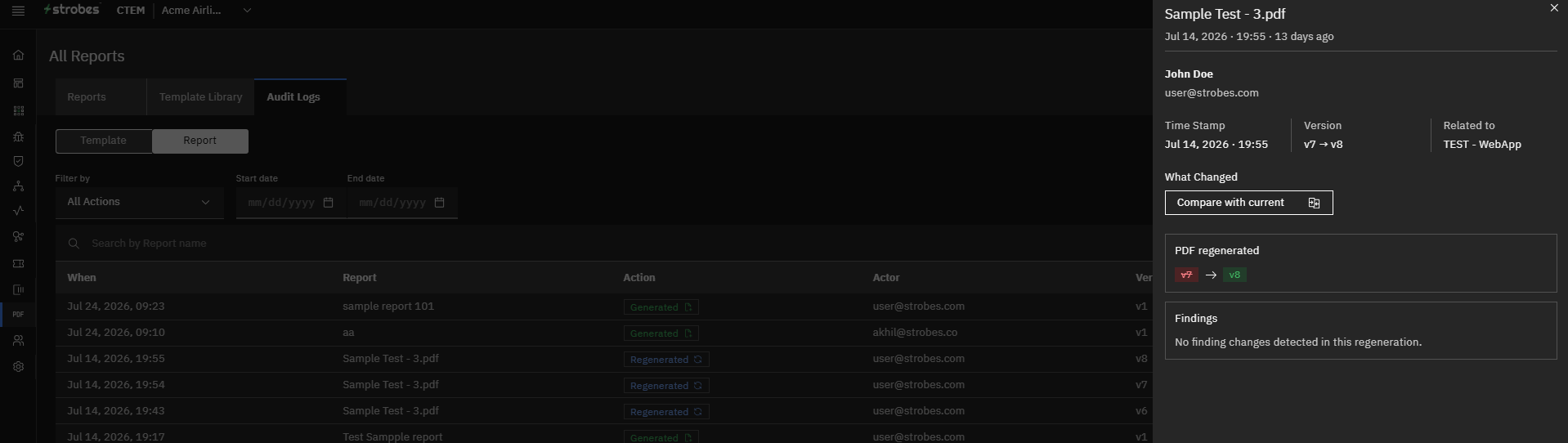 Report Audit Logs: Step 14 — Compare a Version with the Current Report (screenshot 14)