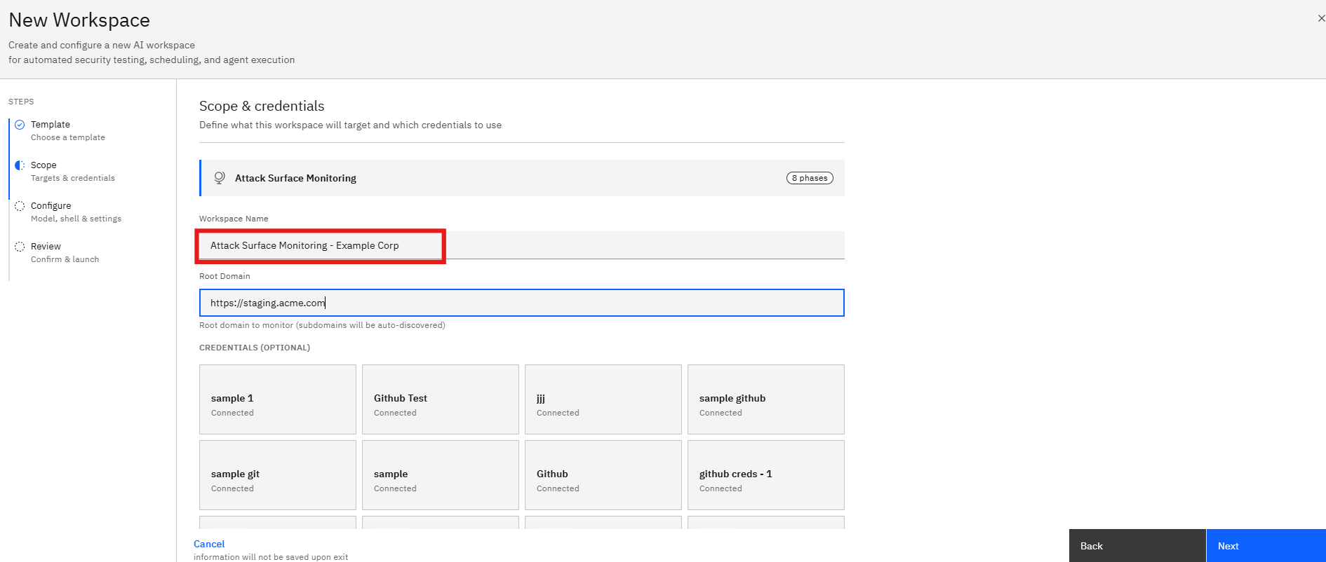 Attack Surface Monitoring Template: Step 2: Enter the Workspace Name (screenshot 7)