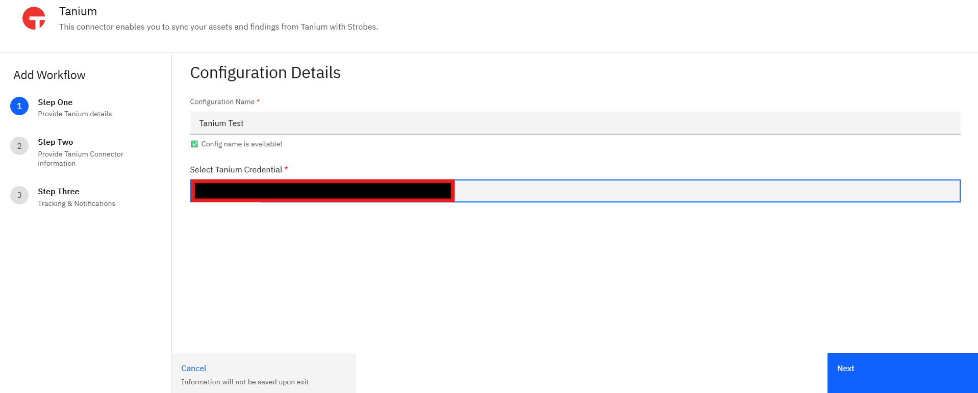 Syncing assets and vulnerabilities from Tanium: 2. Create a New Configuration (screenshot 2)