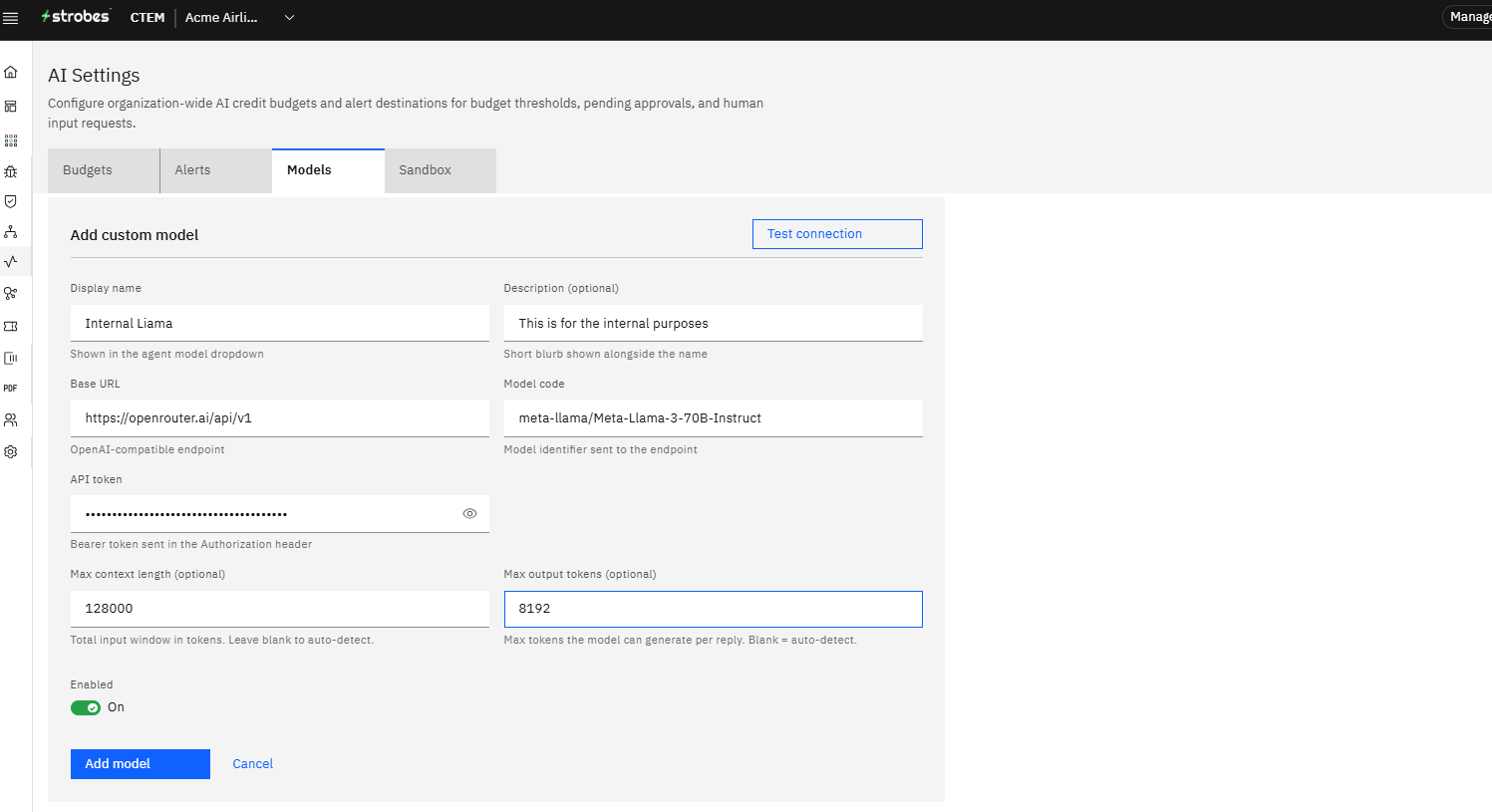 Bringing Your Own Model to Strobes: Step 12 — Confirm the Enabled Toggle (screenshot 12)