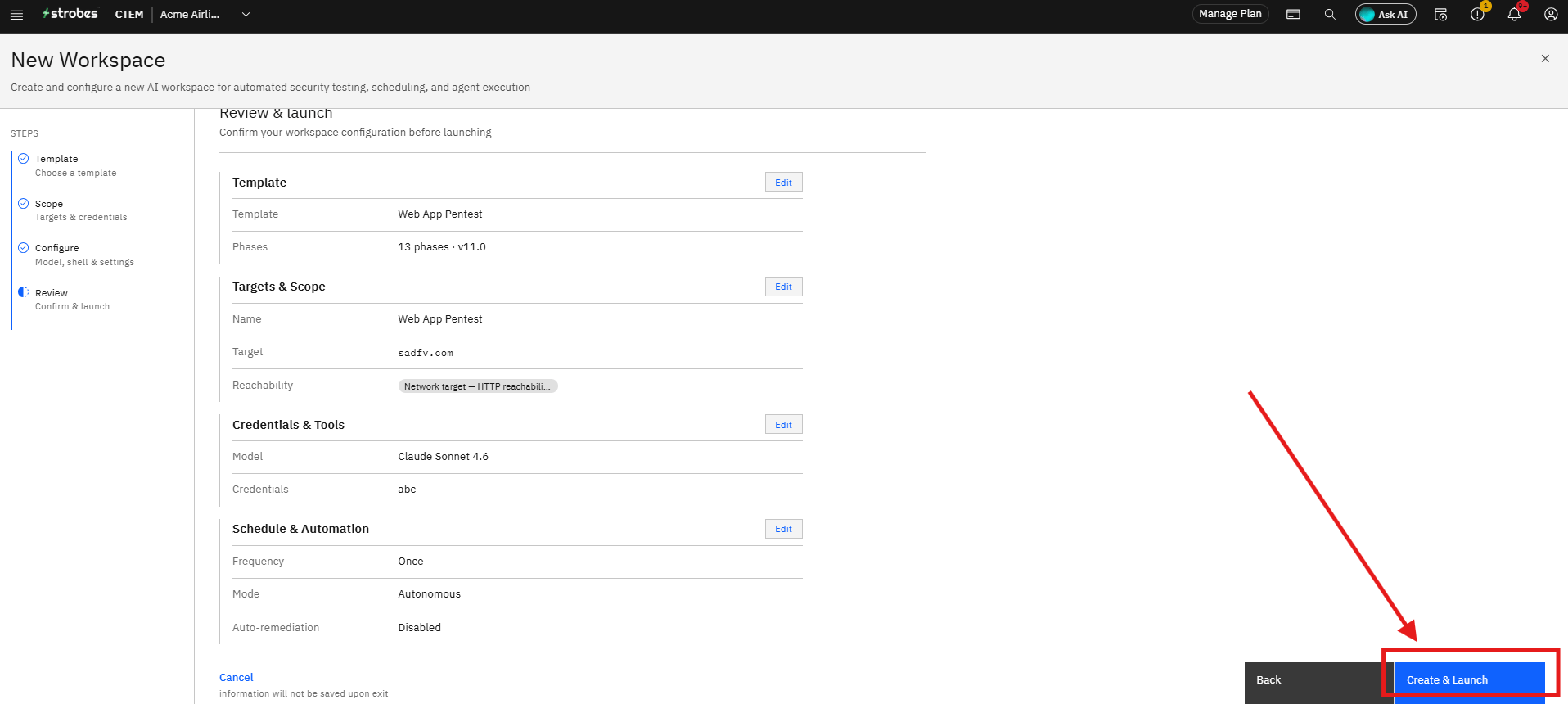 What happens after launch: Validates AI credits, target, and required fields (screenshot 1)