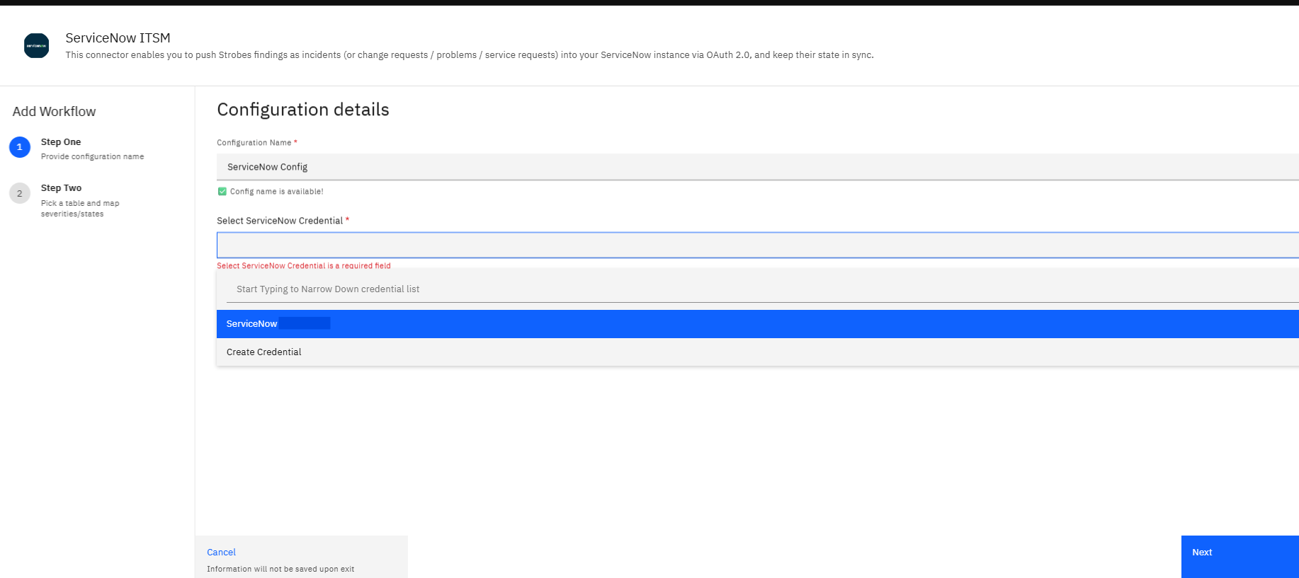 Configuring ServiceNow Credentials and Connector in Strobes: Step 5 — Open the ServiceNow Credential Dropdown (screenshot 20)