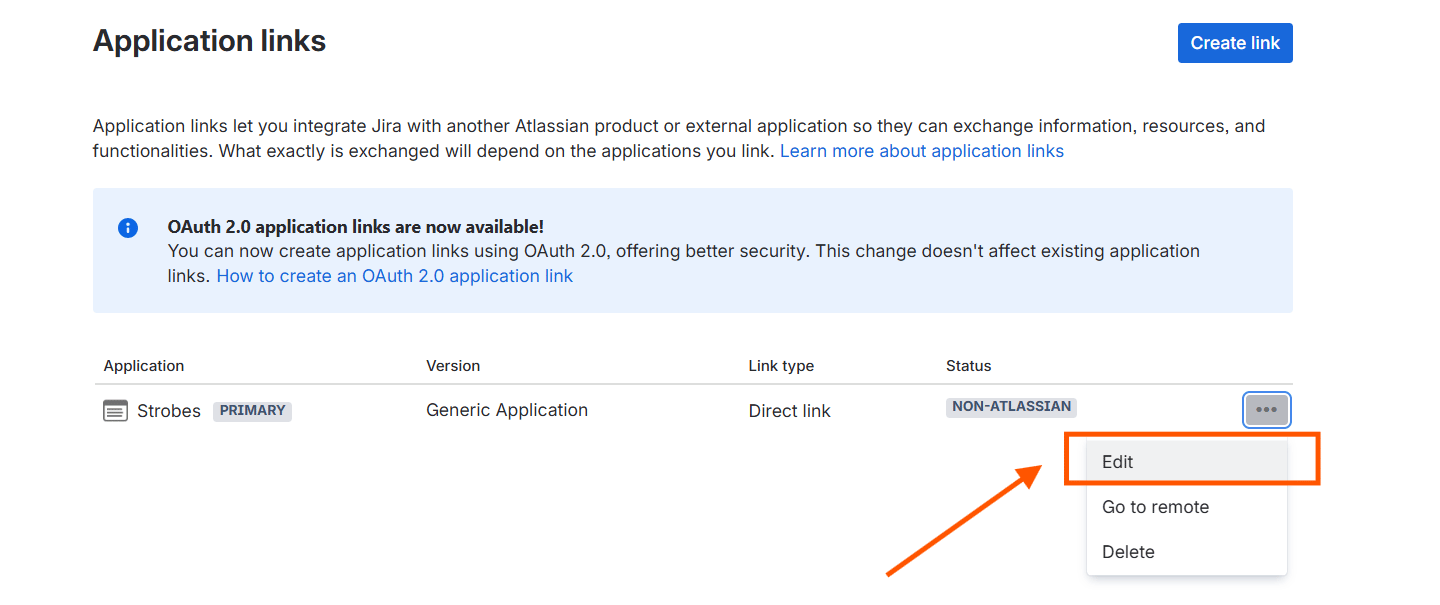 Configuring the Jira integration (OAuth 1.0): Step 8 — Click Edit on the Strobes Application Link (screenshot 10)