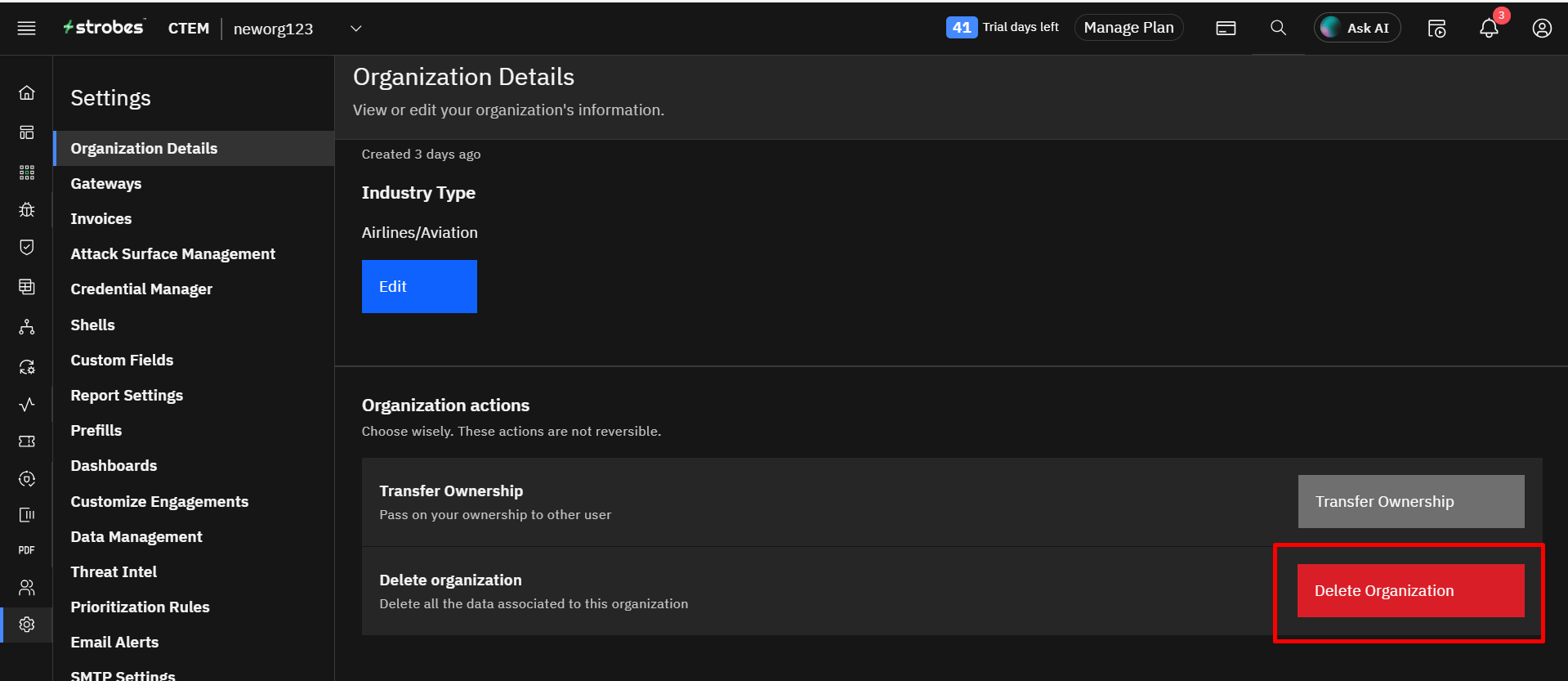 Editing organization details: Delete Organization (screenshot 5)