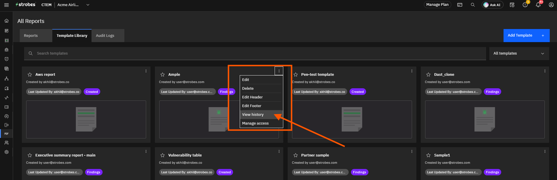 Using the Template Library: Step 9 — View Template Version History (screenshot 9)