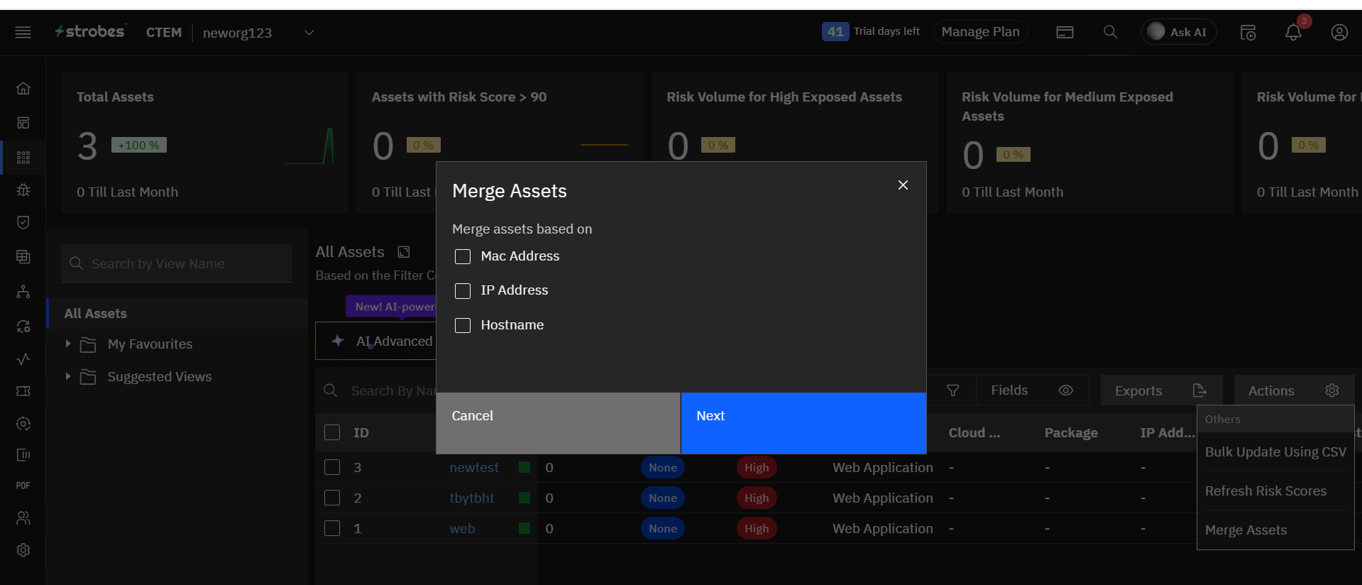 Merging assets: 5. Merge ConfirmationOnce confirmed, the selected assets will be merged into the chosen asset.All vulnerabilities and connector configurations from the merged assets will now reflect under the primary asset. (screenshot 3)