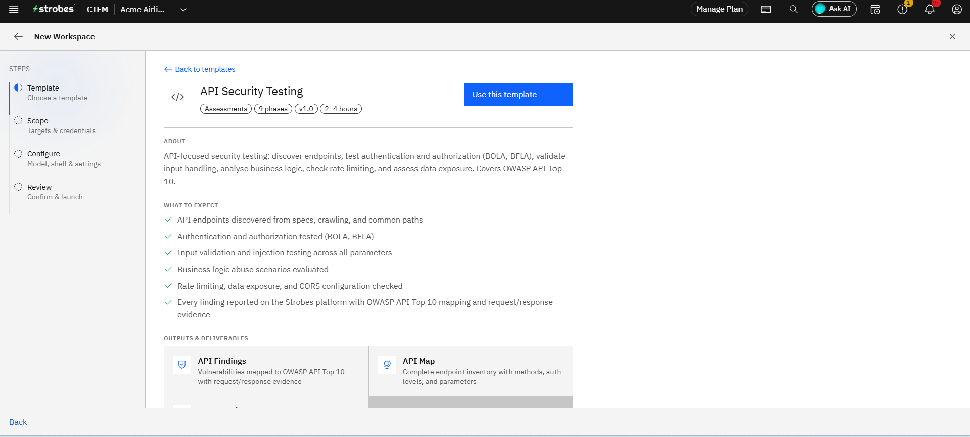 API Security Testing: Step 1: Open the wizard and pick the template (screenshot 2)