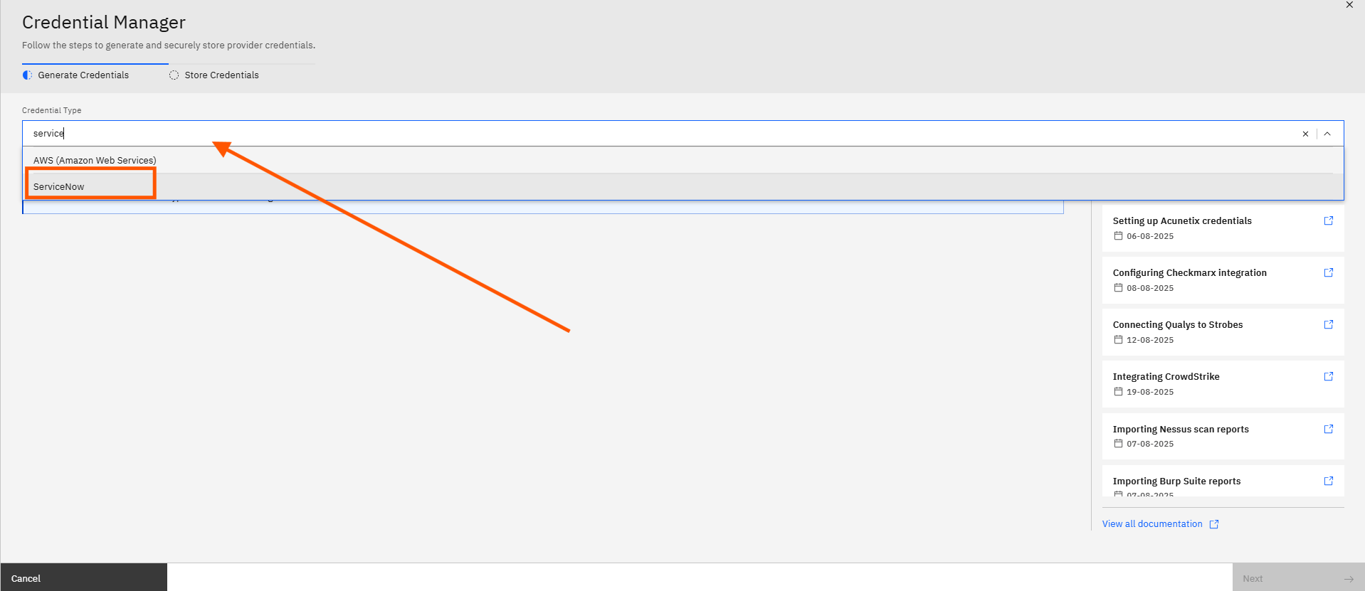 Configuring ServiceNow Credentials and Connector in Strobes: Step 5 — Search for and Select ServiceNow (screenshot 6)