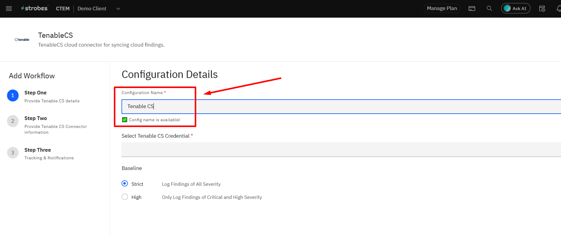Connecting Tenable Cloud Security to Strobes: Step 4: Enter a Configuration Name (screenshot 4)