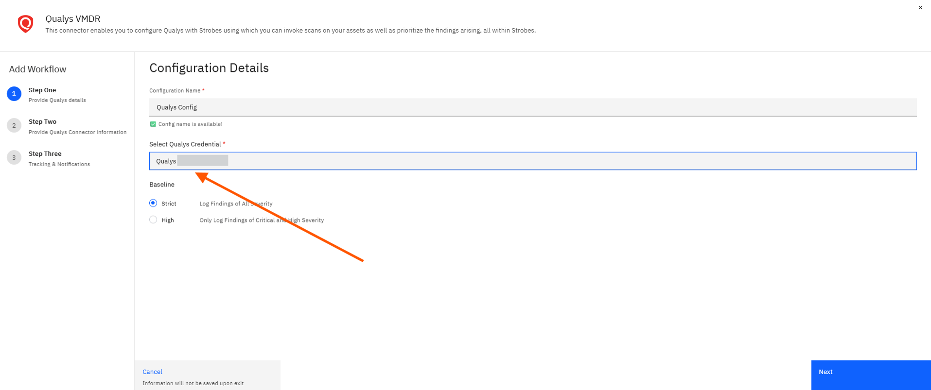 Configuring Qualys VMDR with Strobes: Step 12 — Select Your Qualys Credential (screenshot 12)