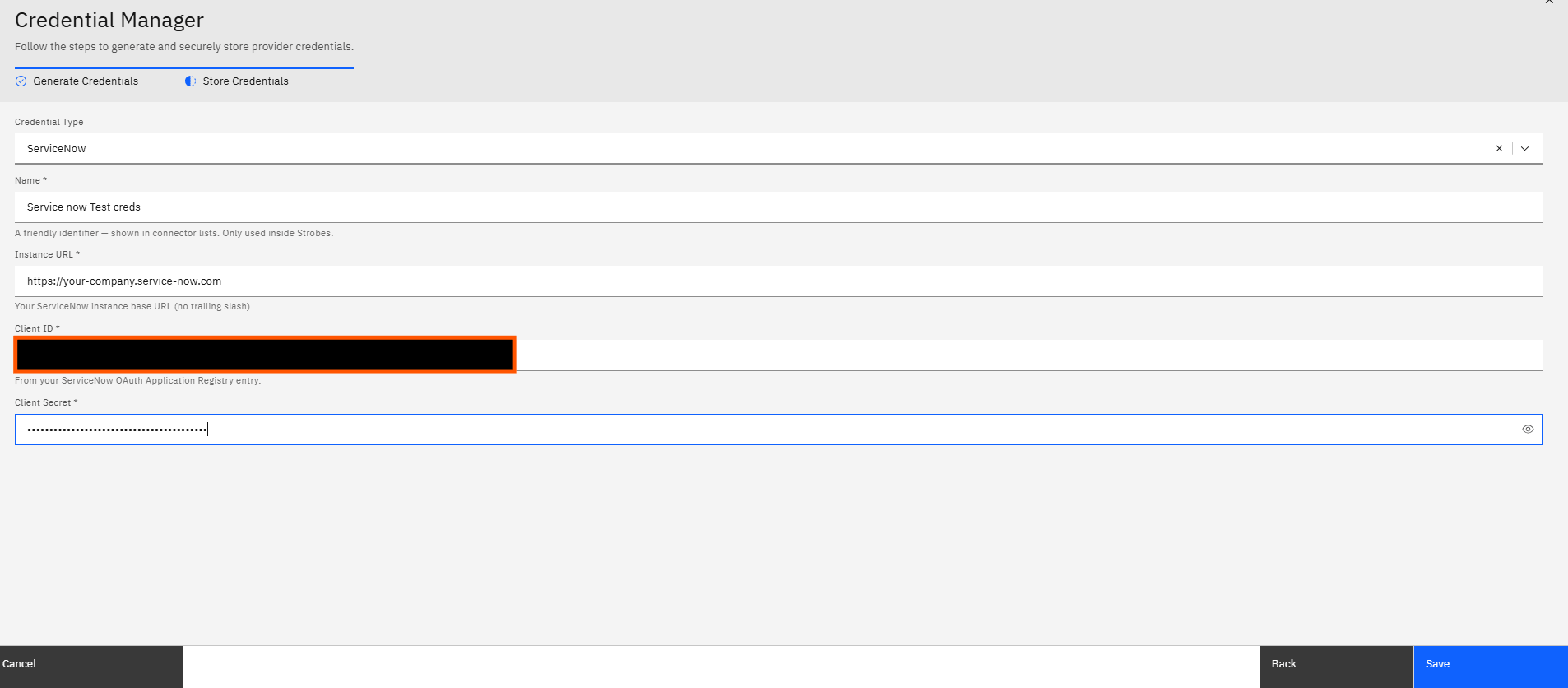 Configuring ServiceNow Credentials and Connector in Strobes: Step 12 — Click the Client Secret Field and Enter Your Client Secret (screenshot 13)