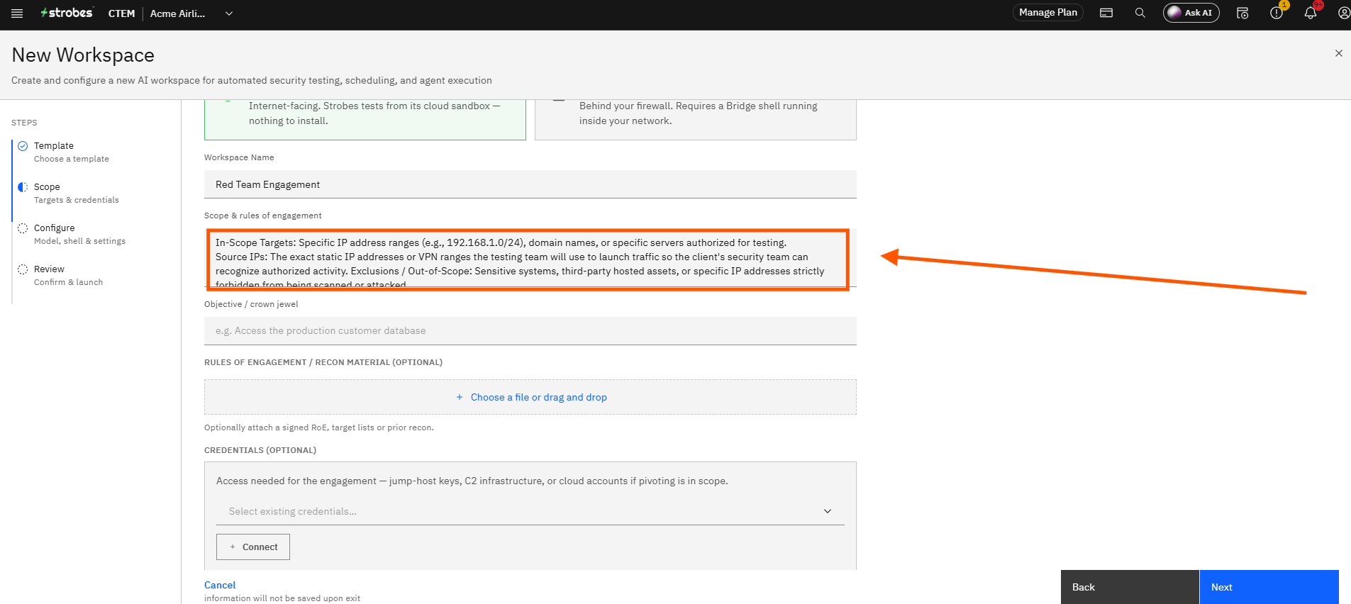 Creating a Red Team Engagement in Strobes: Step 8 — Enter the Target Scope (screenshot 8)