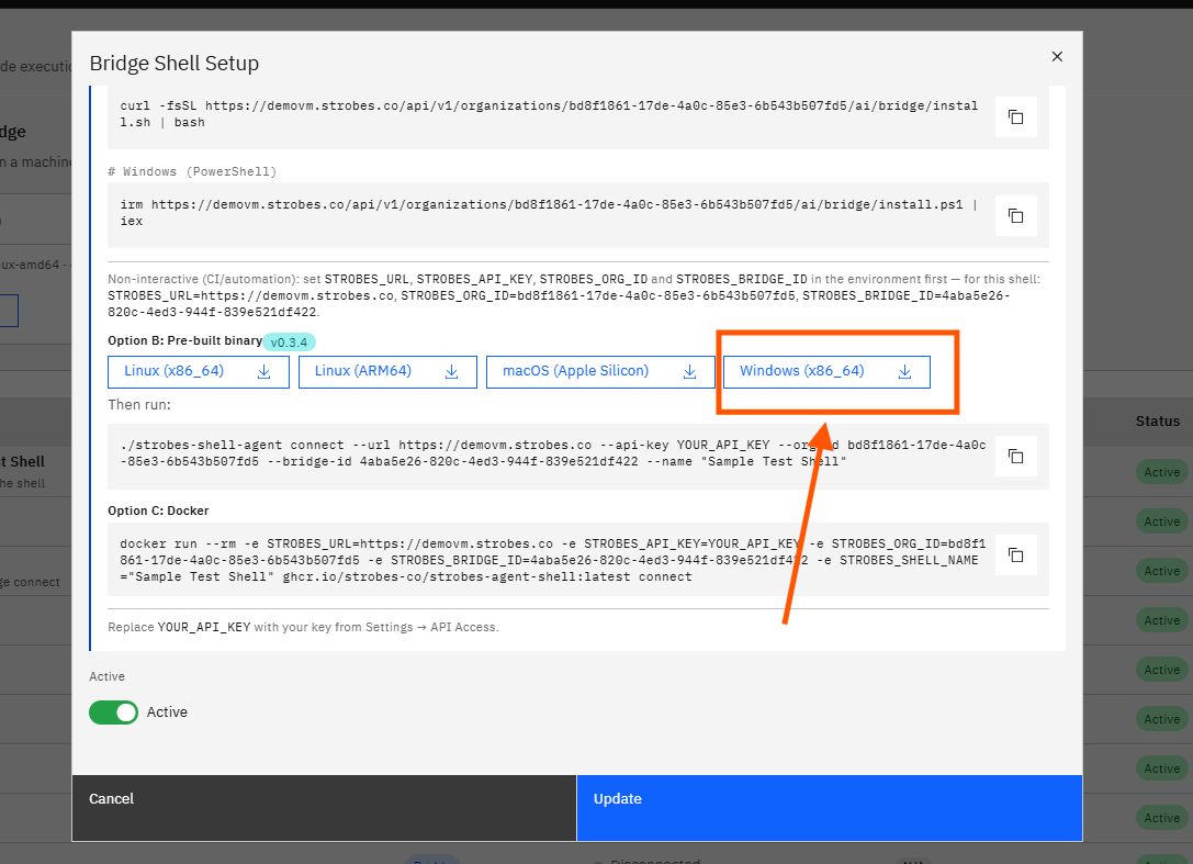 Creating a Shell Using Shell Bridge in Strobes: Step 8 — Click the Download Button for Your Operating System (screenshot 8)