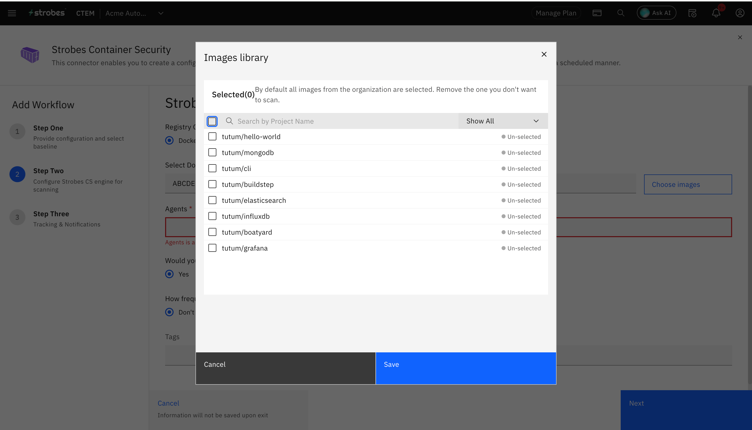 Container scanning workflow: Choosing the Images: (screenshot 4)