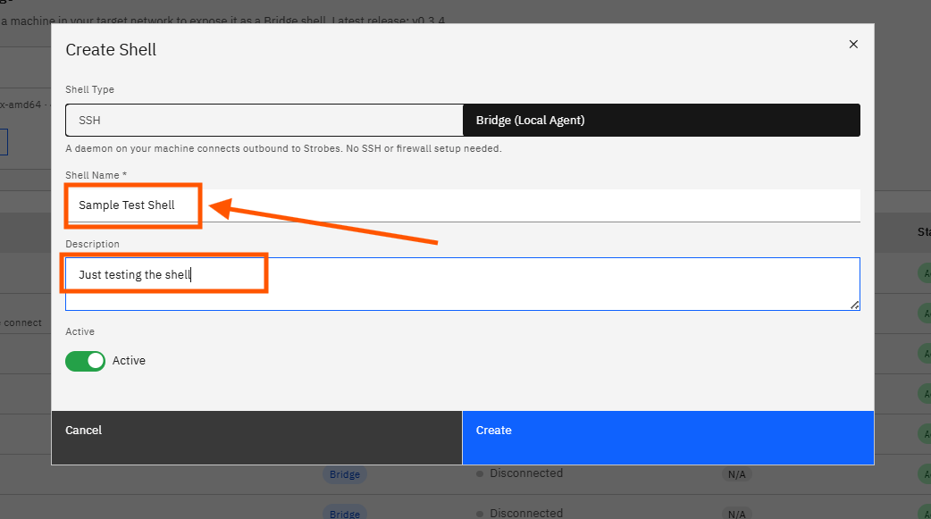 Creating a Shell Using Shell Bridge in Strobes: Step 5 — Enter a Name and Description for the Shell (screenshot 5)