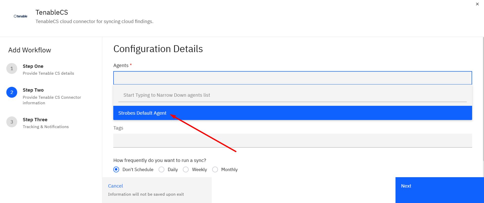 Connecting Tenable Cloud Security to Strobes: Step 10: Select an Agent (screenshot 10)