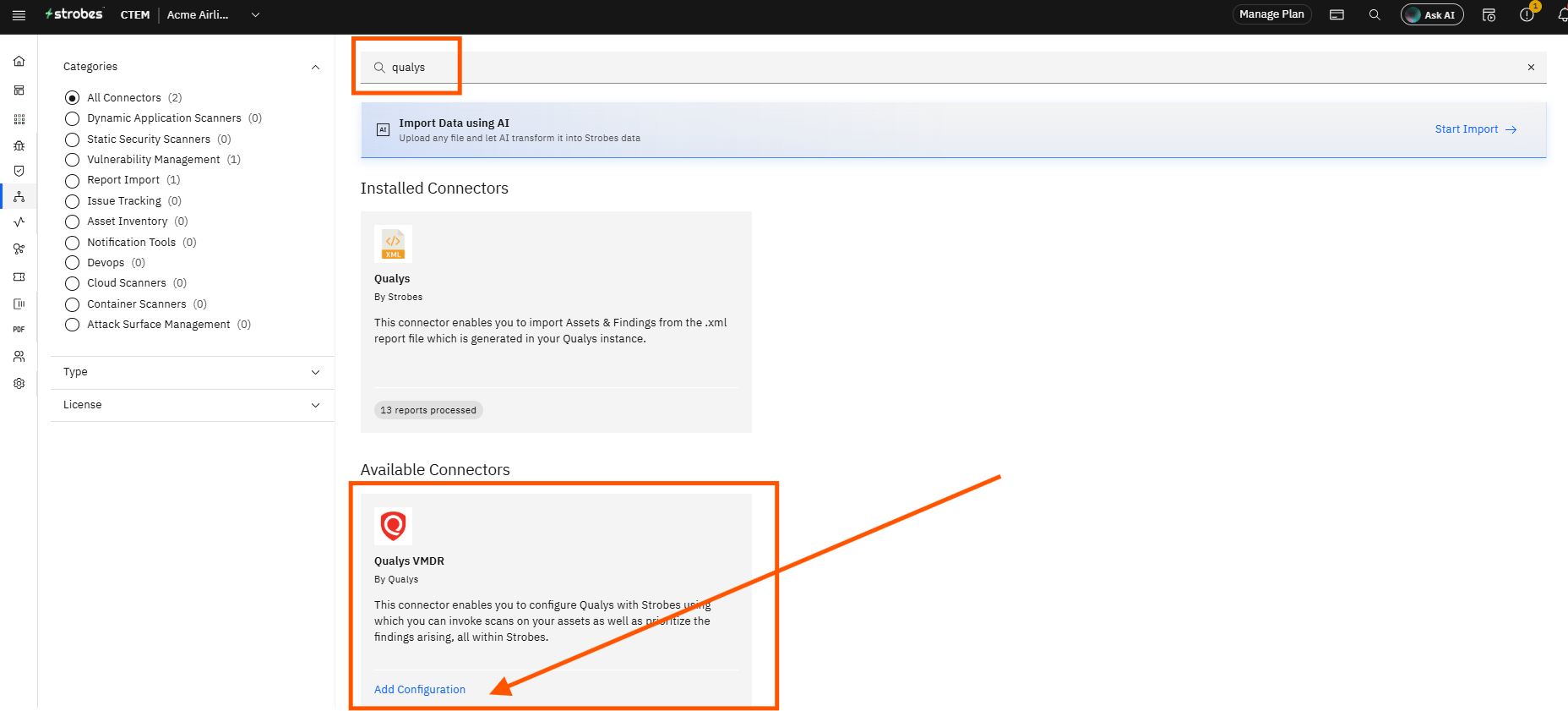Configuring Qualys VMDR with Strobes: Step 3 — Click the Qualys VMDR Card (screenshot 3)