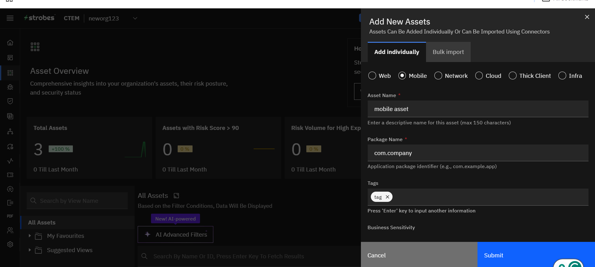 Adding assets manually: Adding a Mobile Asset (screenshot 3)