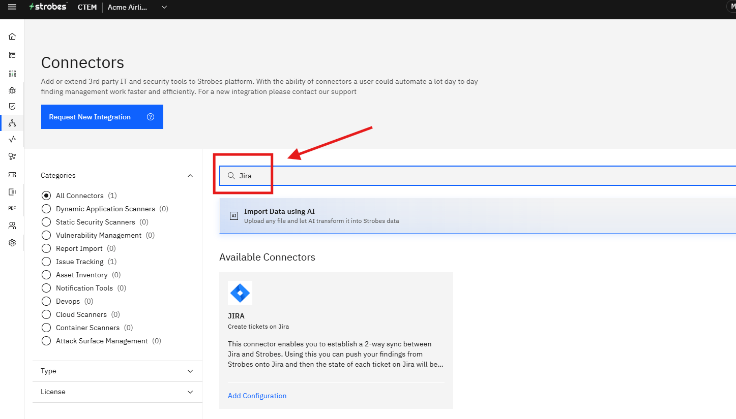 Configuring the Jira Integration in Strobes OAuth 2.0: Step 12 — Search for the Jira Connector (screenshot 11)