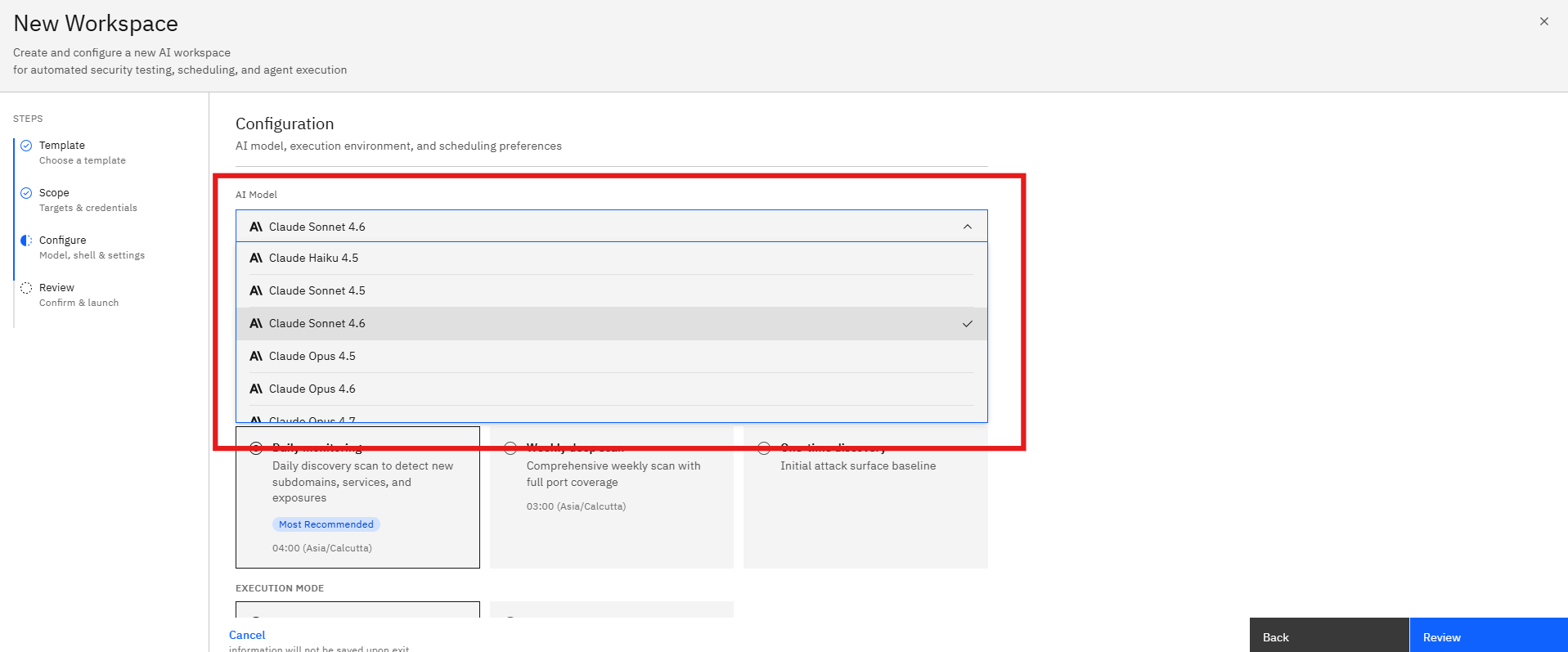 Attack Surface Monitoring Template: Step 6: Select an AI Model (screenshot 10)