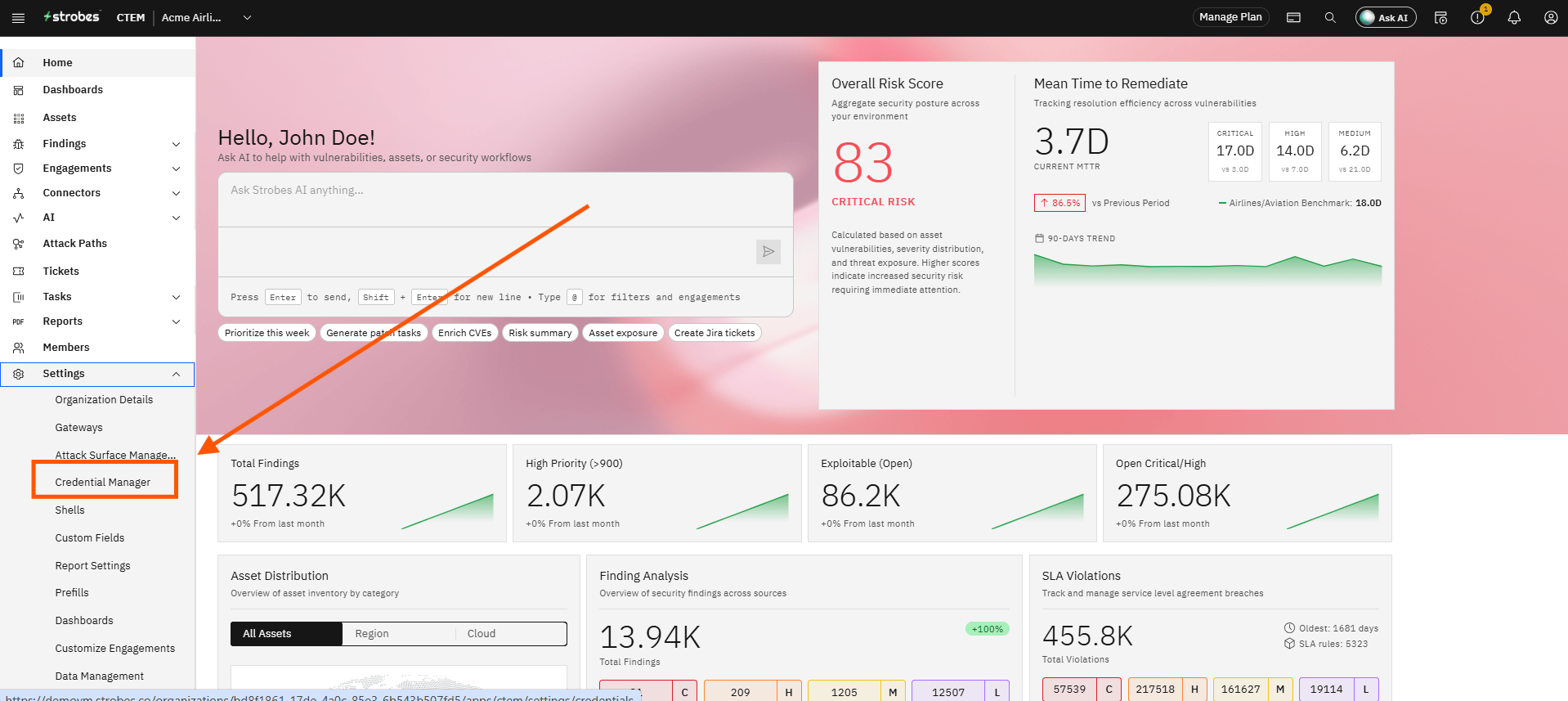 Configuring the Jira integration (OAuth 1.0): Step 1 — Navigate to the Credential Manager in Strobes (screenshot 1)