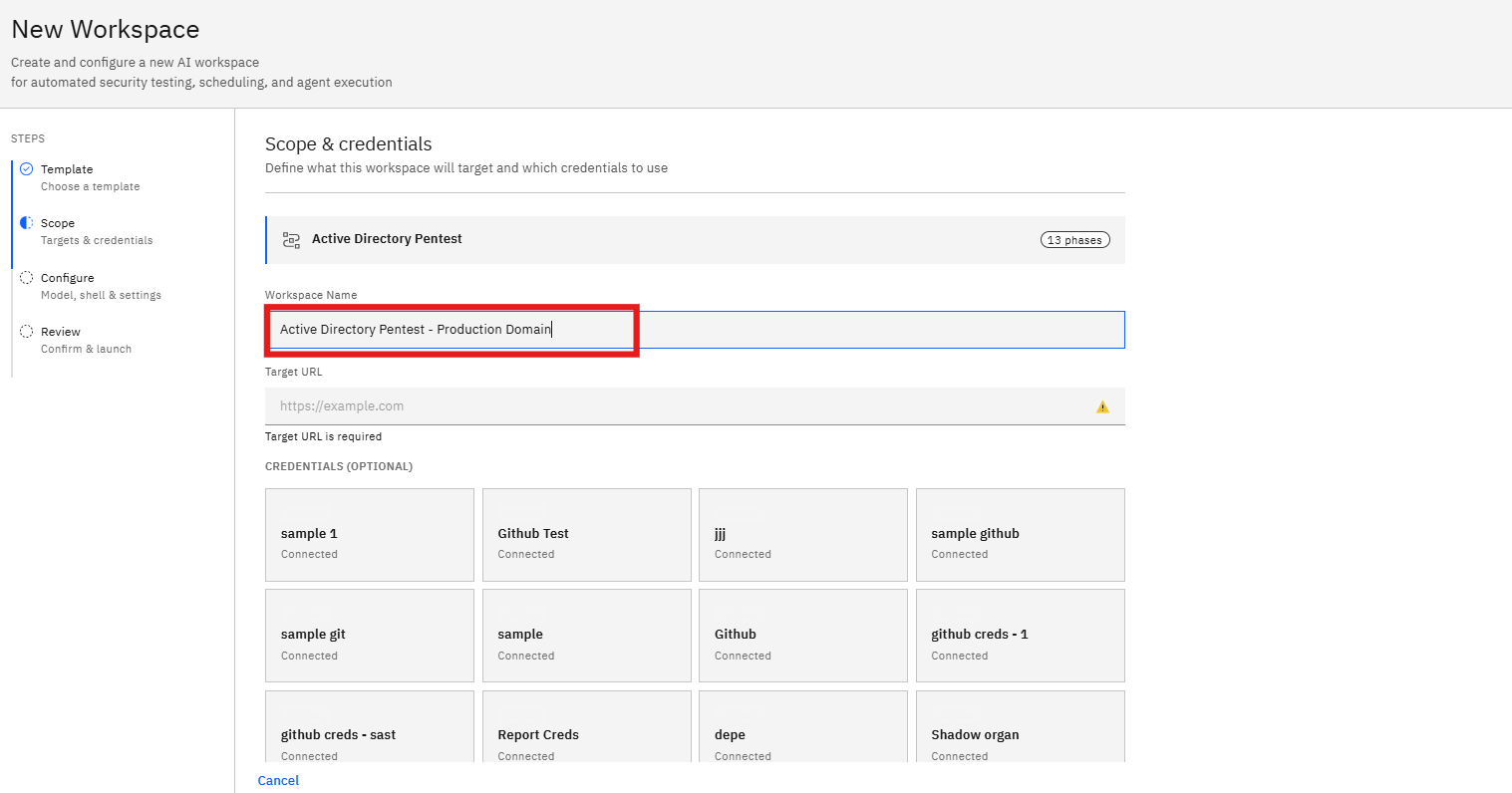 Active Directory Pentest Template: Step 2: Enter the Workspace Name (screenshot 6)