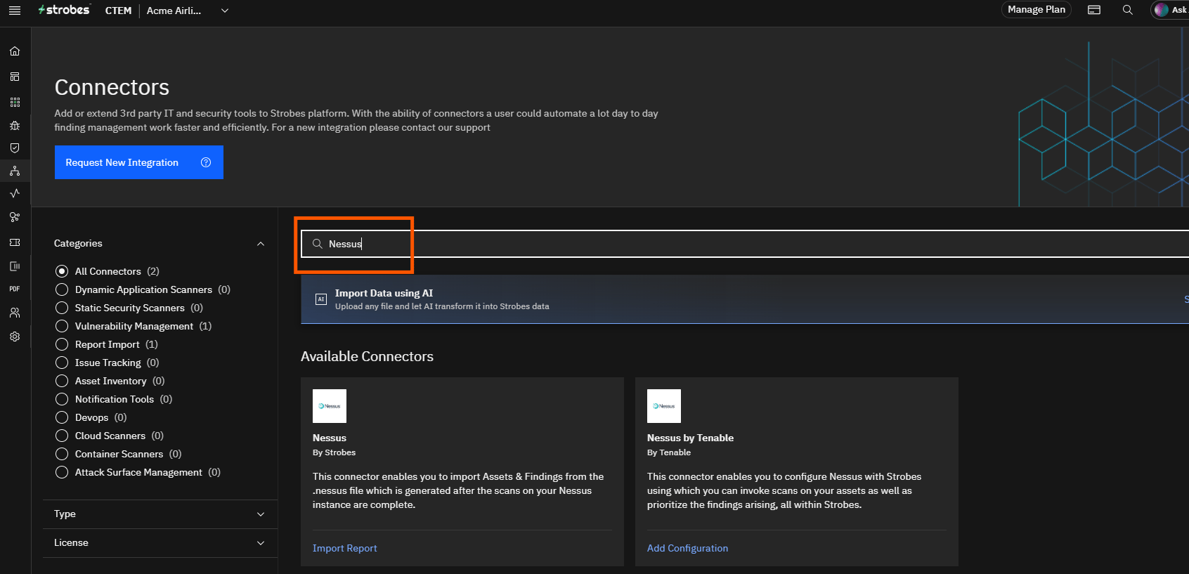 Configuring Nessus by Tenable in Strobes: Step 1: Open the Nessus Connector (screenshot 3)