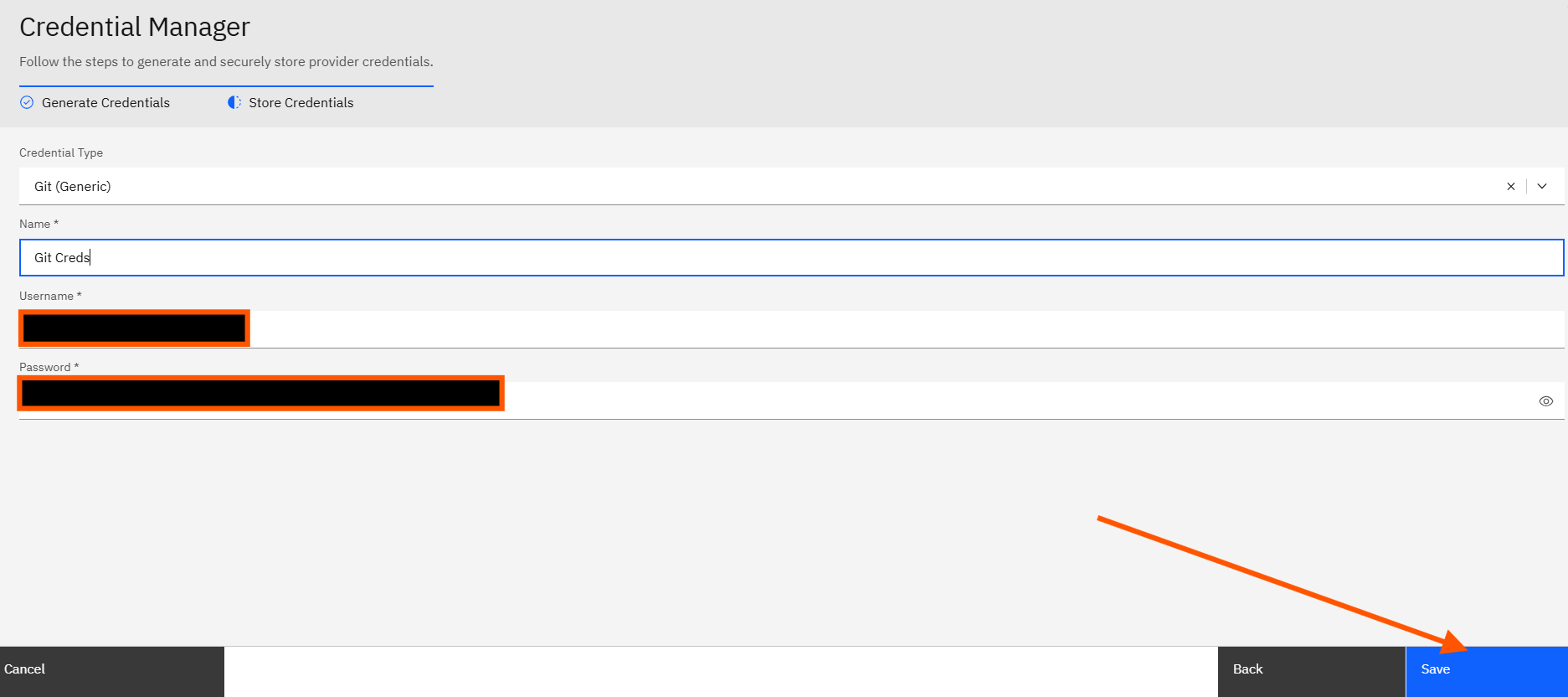 Configuring Git credentials: Step 4: Save the Credential (screenshot 4)