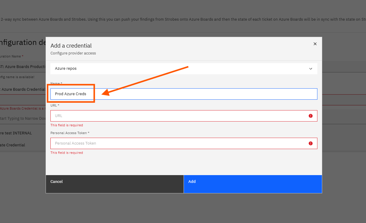 Configuring Azure Boards Integration with Strobes: Step 6 — Enter a Credential Name (screenshot 8)