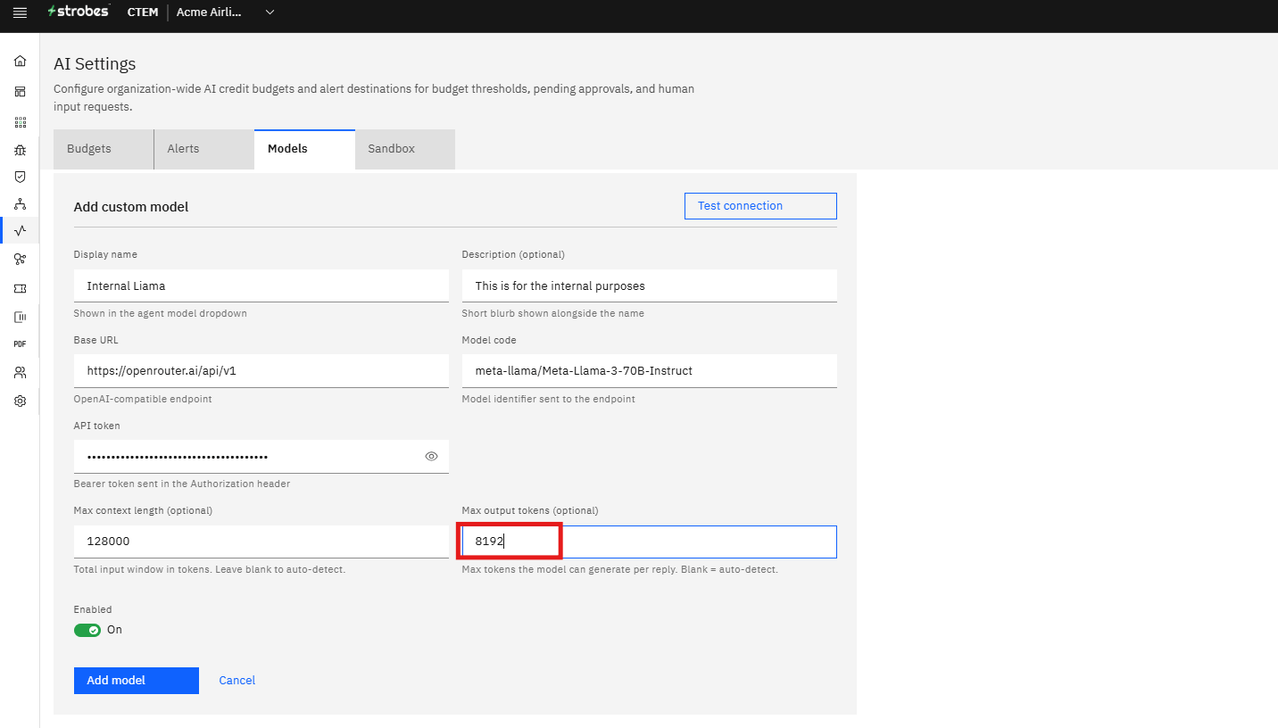 Bringing Your Own Model to Strobes: Step 11 — Set Max Output Tokens (Optional) (screenshot 11)