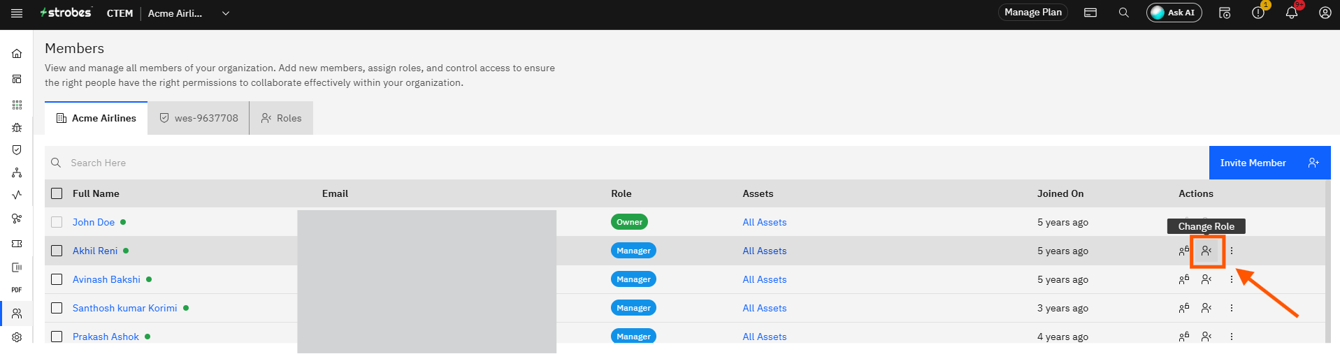 Invite Members and Manage Roles in Strobes: Step 8 — Open the Change Role Dialog (screenshot 9)