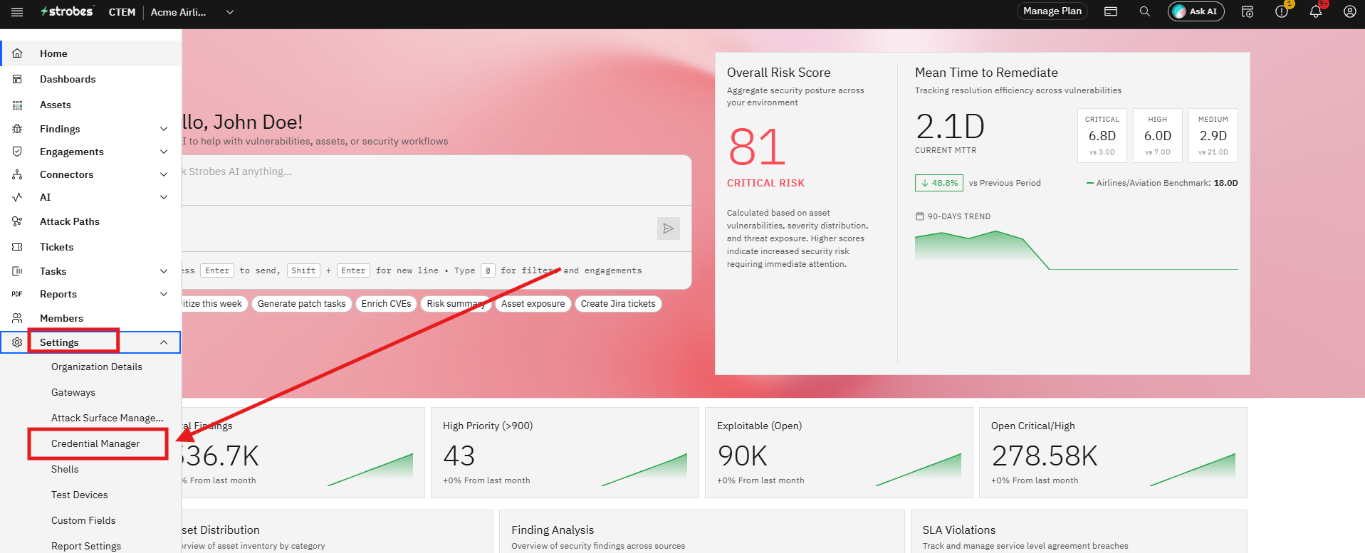 Connecting UpGuard to Strobes: Step 2 — Click Credential Manager (screenshot 2)