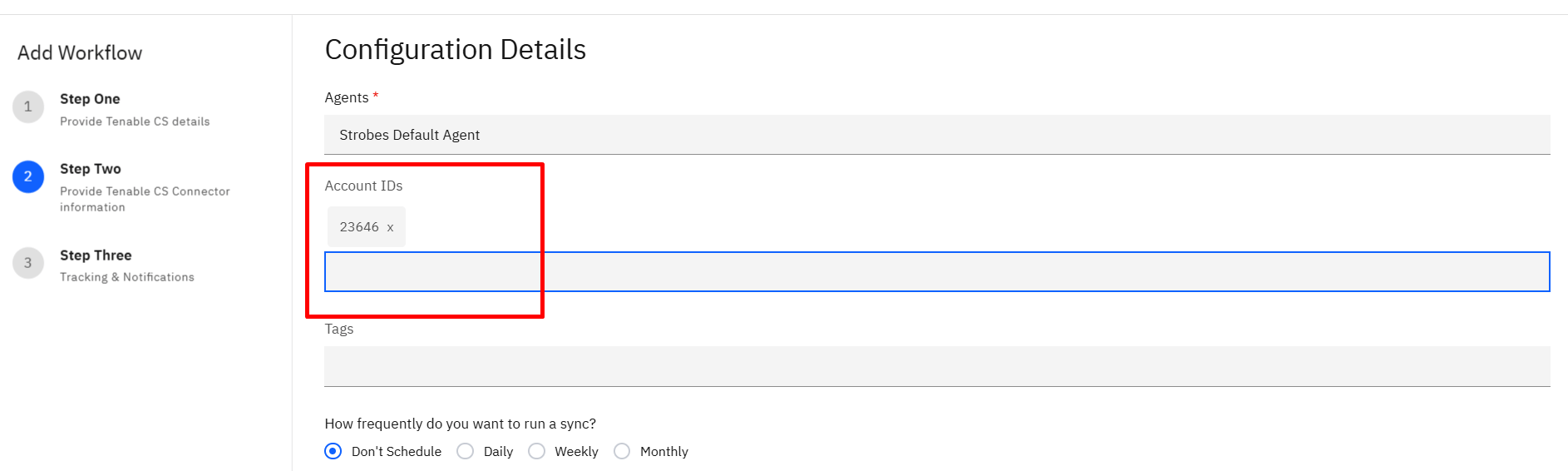 Connecting Tenable Cloud Security to Strobes: Step 11: Add Account ID (Optional) (screenshot 11)